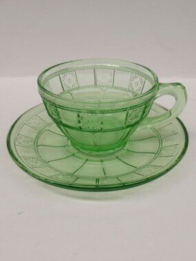 Jeannette Depression Glass Green DORIC Tea or Coffee Cup and Saucer